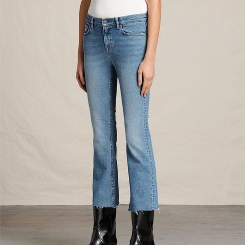 NWT All Saints Light Indigo Zoe Cropped Bootcut Jeans with Raw Hem